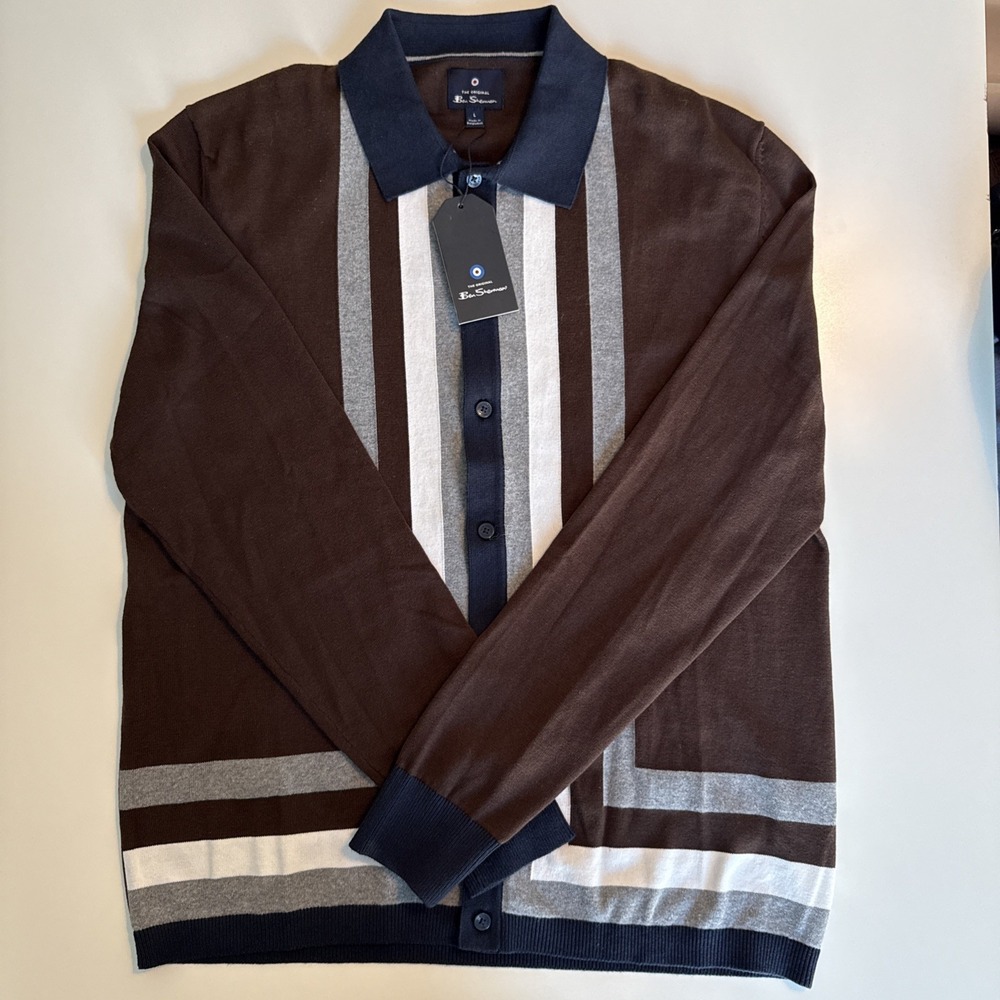 Ben Sherman Brown/ Blue Striped Long Sleeve Button Down Sweater Size L NWT 0039